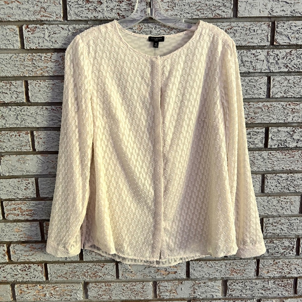 Talbots Petites Ivory Geometric Textured Hidden Button Front Blouse 10P NWT
